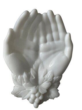 Westmoreland Milk Glass Open Hands trinket dish grape & leaf  motif